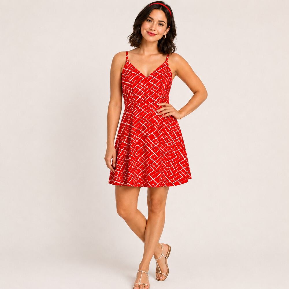CeCe by Cynthia Steffe Red White Geometric Fit Flare Dress 8P Petite